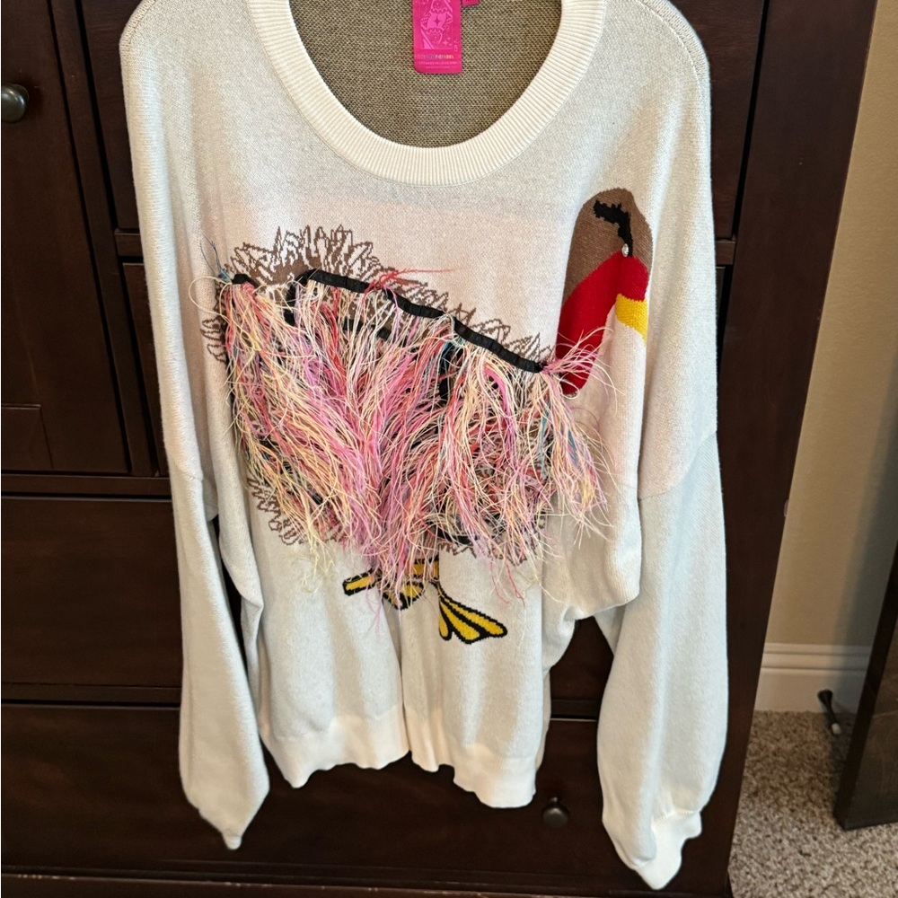 QUEEN OF SPARKLES Ivory Feather Turkey Sweater